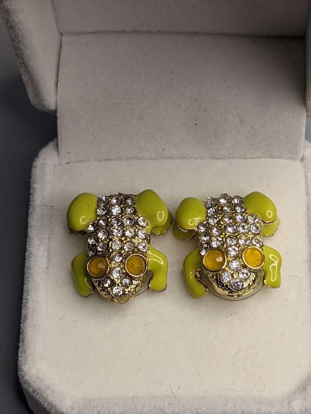 Frog Earrings Vintage Gold Tone Rhinestone Yellow GreenEnamel Sparkle Statement